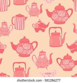 Cute hand drawn vintage teapots. Seamless vector pattern.