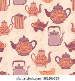 Cute hand drawn vintage teapots. Seamless vector pattern.