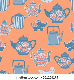Cute hand drawn vintage teapots. Seamless vector pattern.