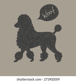 Cute hand drawn vintage walking poodle dog with speech bubble illustration