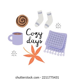 Cute hand drawn warming cold season objects like checkered blanket, hot drink and warm socks. Isolated on white vector illustration