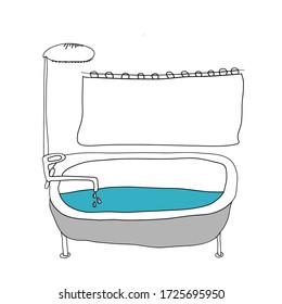 Baño de agua tierno dibujado a mano. Calefacción, ducha, cortina de baño. Ilustración vectorial Doodle para el interior del hogar. Aislado sobre fondo blanco.
