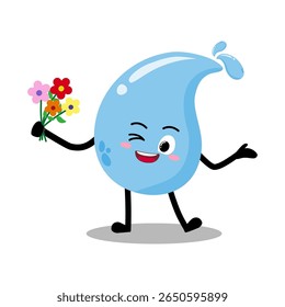 Cute Hand Drawn Water Drop Holding a bunch of flower