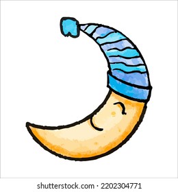 Cute Hand Drawn Watercolor Art Of Crescent Moon With Night Cap In Cartoon Style. 