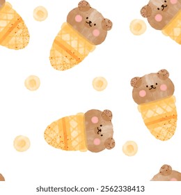 Cute hand drawn watercolor bear ice cream with yellow warm dots, kids seamless pattern background	
