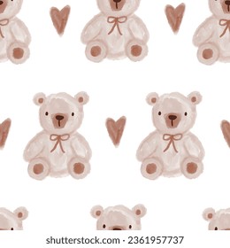 cute hand drawn watercolor beige teddy bears in a brown bow tie with hearts kids seamless pattern for textile or valentines day vector print for wrapping paper