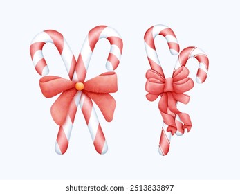 Cute hand drawn watercolor candy cane art with vibrant peppermint stripes and decorative bows. Perfect for Christmas decor, this illustration captures the holiday spirit in a festive and sweet design.