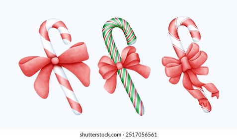 Cute hand drawn watercolor candy cane art with vibrant peppermint stripes and decorative bows. Perfect for Christmas decor, this illustration captures the holiday spirit in a festive and sweet design.