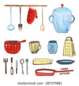 Cute hand drawn watercolor and doodle kitchen objects collection including spoon, fork, glove, plate, cup, grater, colander, pan, board, kitchen equipment