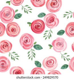 Cute Hand Drawn Watercolor Roses Seamless Pattern. Vector Illustration