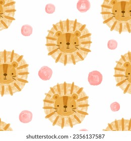 cute hand drawn watercolor style lion with pink polka dot background, kids safari animals seamless pattern for textile 