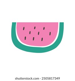 Cute hand drawn watermelon slice, cartoon flat vector illustration isolated on white background. Sweet summer fruit.