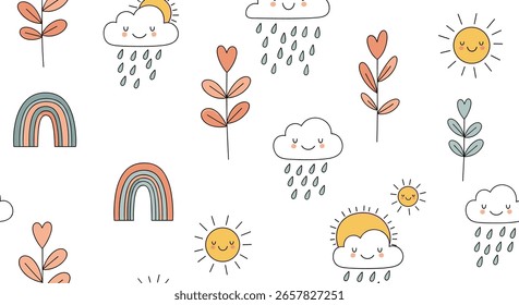 Cute hand drawn weather elements and nature patterns for baby nursery decor