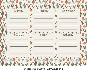 cute hand drawn weekly planner vector template design illustration with colorful pastel tulips flower