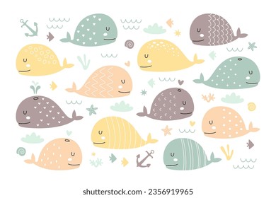 Carácter animal acuático de ballena dibujado a mano color pastel fondo de patrón sin fisuras en estilo escandinavo. Ilustración del doodle de la vida marina subacuática de los océanos diseño minimalista