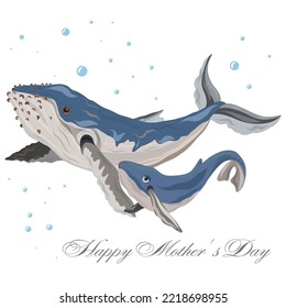 Ballena dibujada a mano con mamá. Mamá y bebé, el día de la madre. Ilustración vectorial de dibujos animados para impresión