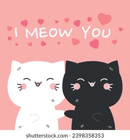 Cute hand drawn white and black cats holding each other paws with phrase I meow you. Valentines Day. Vector illustration