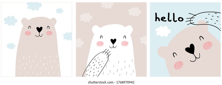 Cute Hand Drawn White and Brown Teddy Bear Vector Illustration Set. Lovely Nursery Art with Funny Bunny Dreamy Baby Bear.Fluffy Clouds on a Light Blue, Beige and White Background.Kids Room Decoration.