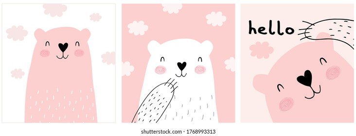 Cute Hand Drawn White and Brown Teddy Bear Vector Illustration Set. Lovely Nursery Art with Funny Bunny Dreamy Baby Bear. Fluffy Clouds on a Light Pink and White Background. Kids Room Decoration.