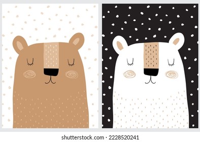 Cute Hand Drawn White and Brown Teddy Bear Vector Illustration Set. Lovely Nursery Art with Funny Big Bear on a White and Black Dotted Background. Kids Room Decoration.