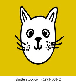 Cute hand drawn white cat on color background,dreamy kitten head,illustration for kids design,cover,baby fabric print,nursery poster,tender image with kitty character,veterinary logo,icon
