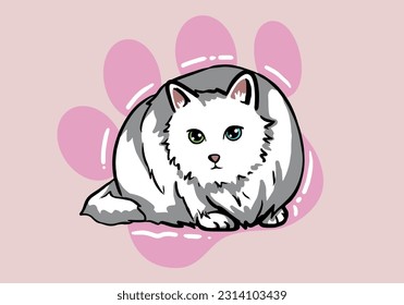Cute hand drawn white cat, fluffy fur, and exaggerated features. Cute adorable big eyes kitty kitten cat