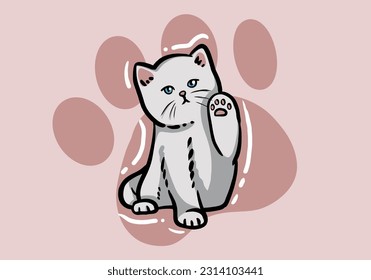 Cute hand drawn white cat, fluffy fur, and exaggerated features. Cute adorable big eyes kitty kitten cat