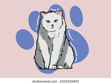Cute hand drawn white cat, fluffy fur, and exaggerated features. Cute adorable big eyes kitty kitten cat