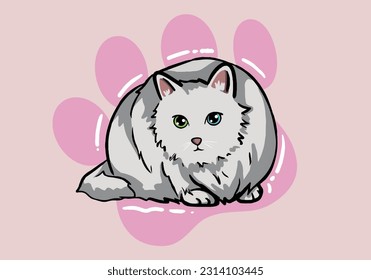 Cute hand drawn white cat, fluffy fur, and exaggerated features. Cute adorable big eyes kitty kitten cat