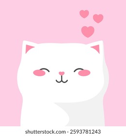 Cute hand drawn white cat with closed eyes. Childish cartoon cat in love. Vector illustration
