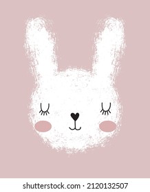 Cute Hand Drawn White Dreamy Rabbit Vector Illustration. Lovely Nursery Art with Funny Bunny  Isolated on a Light Pink Background ideal for Easter Card, Kids Room Decoration. 
