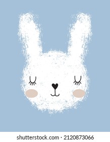 Cute Hand Drawn White Dreamy Rabbit Vector Illustration. Lovely Nursery Art with Funny Bunny  Isolated on a Light Blue Background ideal for Easter Card, Kids Room Decoration. 