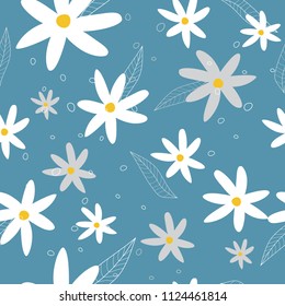 Cute hand drawn white flowers seamless pattern on light blue background vector illustration for design