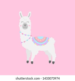 Cute hand drawn white, grey llama with patterned fringed blanket. Cute furry llama or alpaca animal vector illustration. Isolated on pink background.