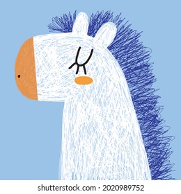 Cute Hand Drawn White Horse Vector Illustration ideal for Card, Poster, Wall Art. Lovely Nursery Art with Funny Dreamy Horse Isolated on a Pastel Blue Background. Kids Room Decoration.