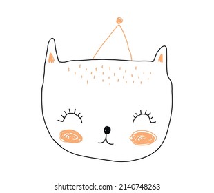 Cute Hand Drawn White Kitty Vector Illustration. Lovely Nursery Art with Funny Cat in a Party Hat Isolated on a White Background. Kids Room Decoration. Lovely Print for Cat Lovers.