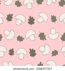 cute hand drawn white mushrooms, green parsley vegetables seamless vector pattern illustration on pink background