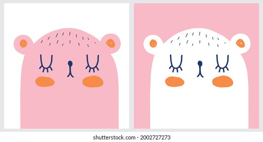 Cute Hand Drawn White and Pink Teddy Bear Vector Illustration Set. Lovely Nursery Art with Funny Baby Bear on a White and Light Pink Background. Little Teddy Bear Print for Kids' Room Decoration.