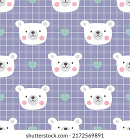 Cute hand drawn white polar bear on a purple grid background with kawaii green heart, kids woodland animals fashion seamless pattern for wrapping paper, fabric and textile