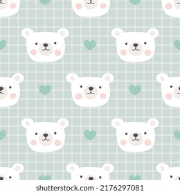 Cute hand drawn white polar bear on a pastel green grid background with kawaii heart, kids woodland animals fashion seamless pattern for wrapping paper, fabric and textile