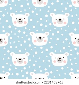 Cute hand drawn white polar bear on a pastel blue background with kawaii cheeks and dots, kids woodland animals winter seamless pattern design for wrapping paper, fabric and textile