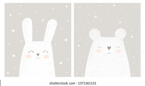Cute Hand Drawn White Rabbit and Teddy Bear Vector Illustration Set. Lovely Nursery Art with Funny Bunny And Dreaming Big Bear. White Stars and Snow on a Light Gray Background. Kids Room Decoration.