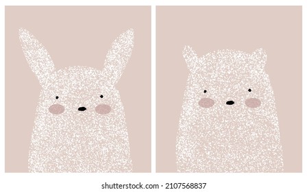 Cute Hand Drawn White Rabbit and Teddy Bear Vector Illustration Set. Lovely Nursery Art with Funny Bunny and Dreamy Big Bear on a Blush Pink Background ideal for Wall Art, Poster,Kids Room Decoration.
