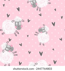 Cute hand drawn white sheep with hearts on a pink dots background with clouds in the sky, kids fabric seamless pattern with scandinavian elements