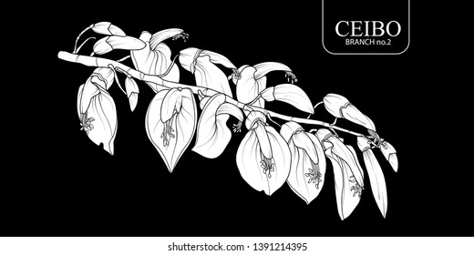 Cute hand drawn white silhouette Ceibo branch set 2. Flower vector illustration in white plane without outline on black background.