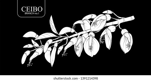 Cute hand drawn white silhouette Ceibo branch set 1. Flower vector illustration in white plane without outline on black background.