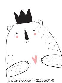 Cute Hand Drawn White Teddy Bear Vector Illustration. Lovely Nursery Art with Funny Big Dreamy King Bear isolated on a White Background. Kids Room Decoration.