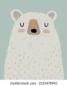 Cute Hand Drawn White Teddy Bear Vector Illustration. Lovely Nursery Art with Funny Dreamy Big Polar Bear on a Light Mint Blue Background. Kids Room Decoration.