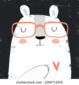 Cute Hand Drawn White Teddy Bear Vector Illustration. Lovely Nursery Art with Funny Dreamy Big Bear on a Black Grunge Background. Kids Room Decoration. Polar Bear in Glasses.