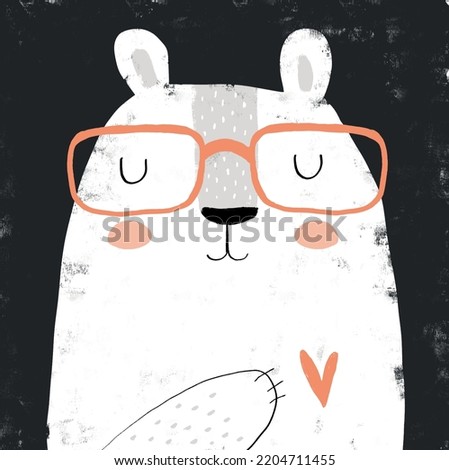 Cute Hand Drawn White Teddy Bear Vector Illustration. Lovely Nursery Art with Funny Dreamy Big Bear on a Black Grunge Background. Kids Room Decoration. Polar Bear in Glasses.
